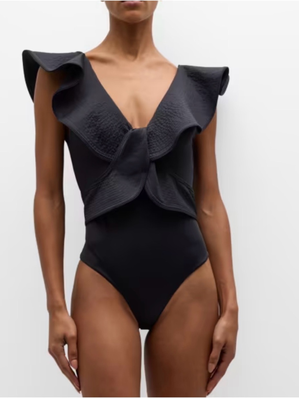 Johanna Ortiz Black One-Piece with Dramatic Ruffle V-Neck Island Rhythms